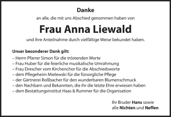Traueranzeige von Anna Liewald von Hersbrucker Zeitung