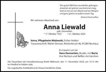 Traueranzeige von Anna Liewald von Hersbrucker Zeitung