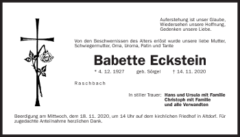 Traueranzeige von Babette Eckstein von Der Bote