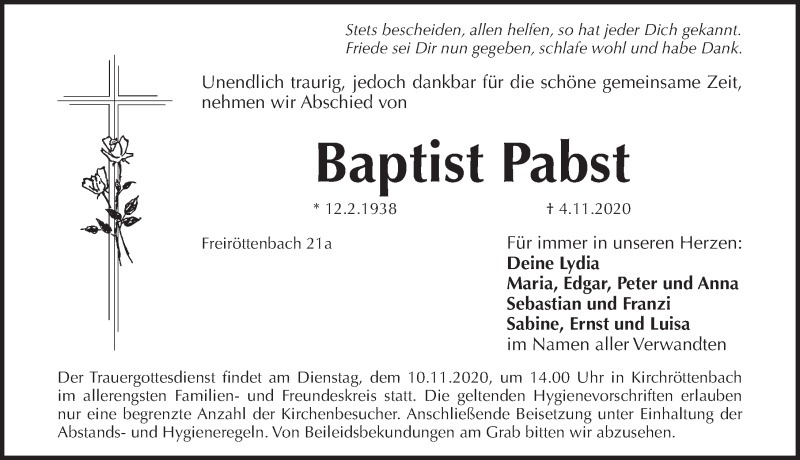  Traueranzeige für Baptist Pabst vom 07.11.2020 aus Pegnitz-Zeitung