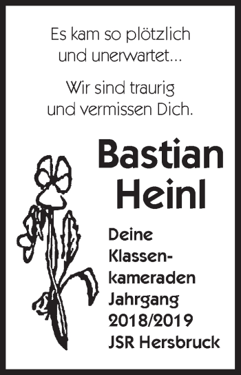 Traueranzeige von Bastian Heinl von Hersbrucker Zeitung