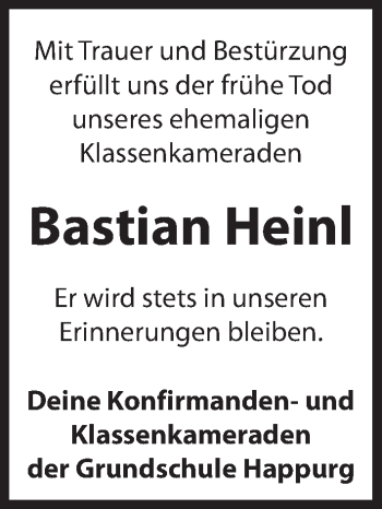 Traueranzeige von Bastian Heinl von Hersbrucker Zeitung
