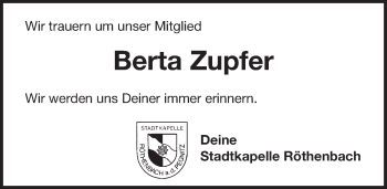 Traueranzeige von Berta Zupfer von Pegnitz-Zeitung