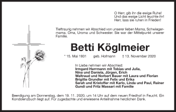 Traueranzeige von Betti Köglmeier von Der Bote