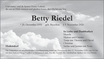 Traueranzeige von Betty Riedel von Pegnitz-Zeitung