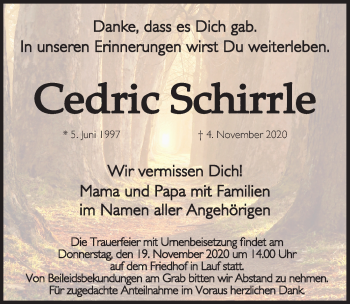 Traueranzeige von Cedric Schirrle von Pegnitz-Zeitung