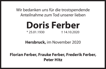 Traueranzeige von Doris Ferber von Hersbrucker Zeitung
