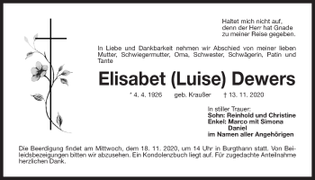Traueranzeige von Elisabet Dewers von Der Bote