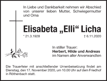 Traueranzeige von Elisabeta  Licha von Pegnitz-Zeitung