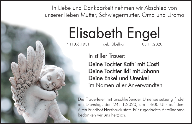  Traueranzeige für Elisabeth Engel vom 14.11.2020 aus Hersbrucker Zeitung