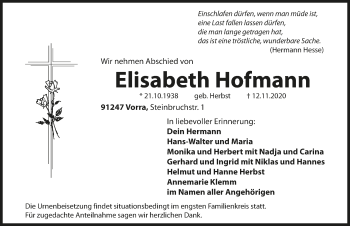Traueranzeige von Elisabeth Hofmann von Hersbrucker Zeitung