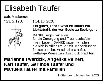 Traueranzeige von Elisabeth Taufer von Pegnitz-Zeitung