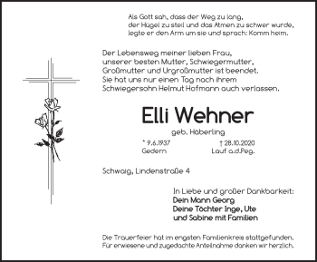 Traueranzeige von Elli wehner von Pegnitz-Zeitung