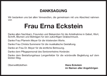 Traueranzeige von Erna Eckstein von Der Bote