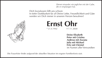 Traueranzeige von Ernst Ohr von Pegnitz-Zeitung