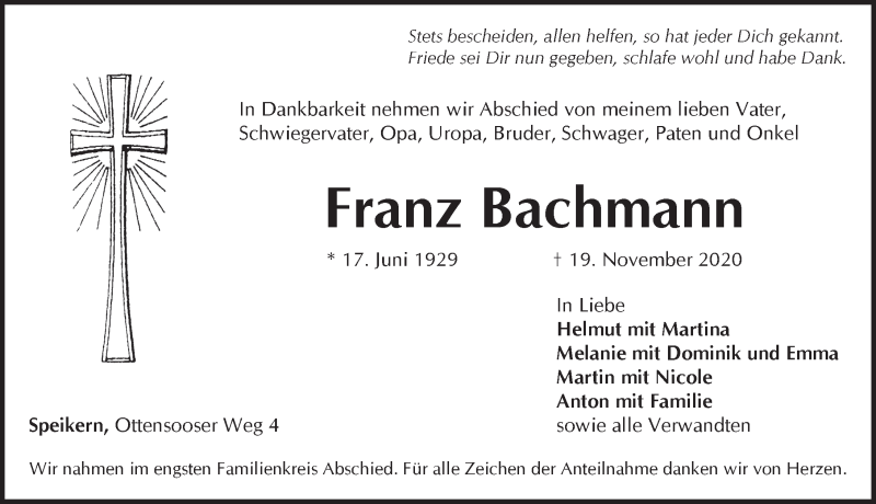  Traueranzeige für Franz Bachmann vom 28.11.2020 aus Pegnitz-Zeitung