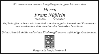 Traueranzeige von Franz Nüßlein von Hersbrucker Zeitung