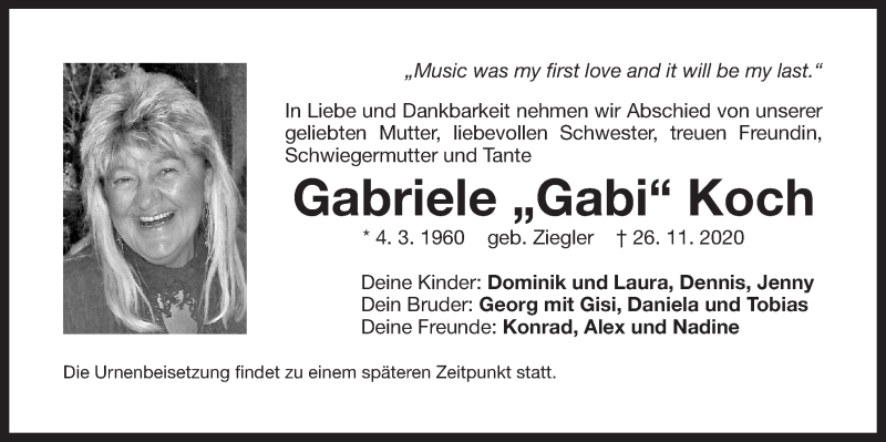  Traueranzeige für Gabriele Koch vom 30.11.2020 aus Der Bote
