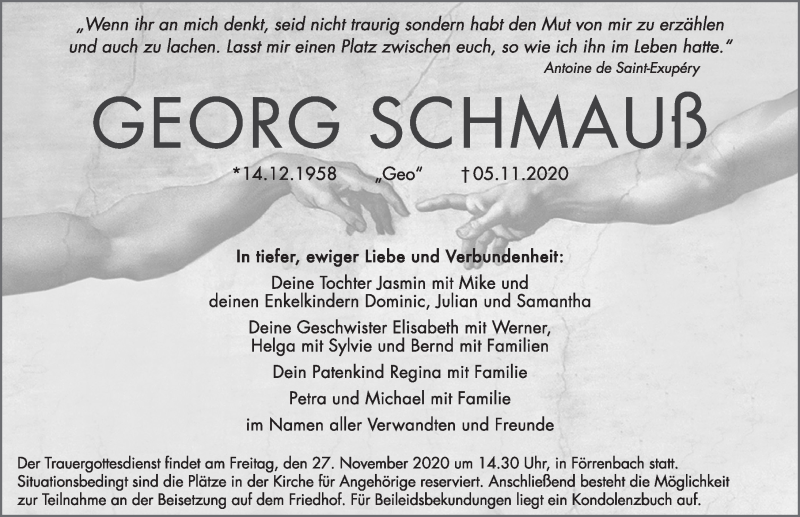  Traueranzeige für Georg Schmauß vom 21.11.2020 aus Hersbrucker Zeitung