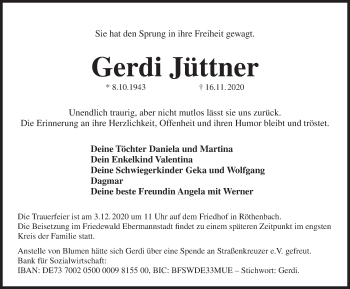 Traueranzeige von Gerdi Jüttner von Pegnitz-Zeitung