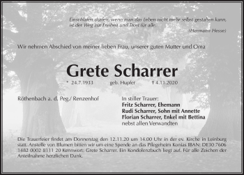 Traueranzeige von Grete Scharrer von Pegnitz-Zeitung