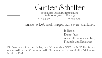 Traueranzeige von Günter Schaffer von Hersbrucker Zeitung