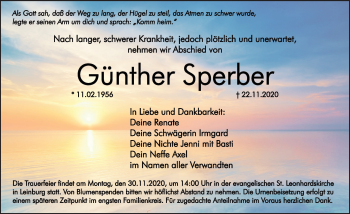 Traueranzeige von Günther Sperber von Pegnitz-Zeitung