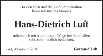 Traueranzeige von Hans-Dietrich Luft von Pegnitz-Zeitung