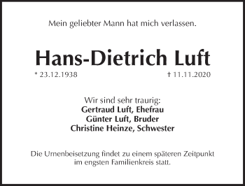 Traueranzeige von Hans-Dietrich Luft von Pegnitz-Zeitung