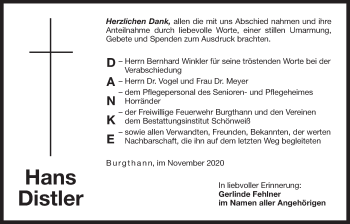 Traueranzeige von Hans Distler von Der Bote