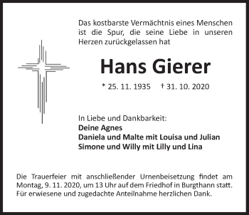 Traueranzeige von Hans Gierer von Der Bote