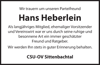 Traueranzeige von Hans Heberlein von Hersbrucker Zeitung