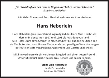 Traueranzeige von Hans Heberlein von Hersbrucker Zeitung