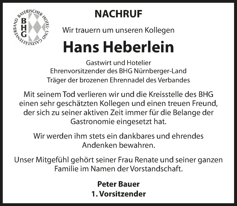  Traueranzeige für Hans Heberlein vom 02.11.2020 aus Hersbrucker Zeitung