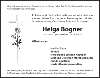Traueranzeige von Helga Bogner von Hersbrucker Zeitung