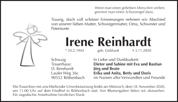 Traueranzeige von Irene Reinhardt von Pegnitz-Zeitung