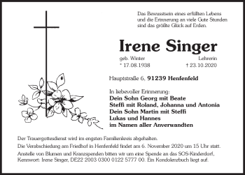 Traueranzeige von Irene Singer von Hersbrucker Zeitung