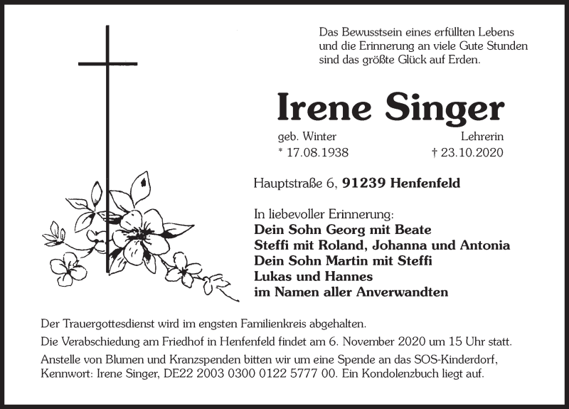  Traueranzeige für Irene Singer vom 04.11.2020 aus Hersbrucker Zeitung