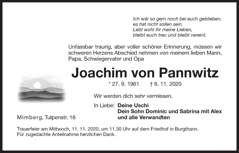  Traueranzeige für Joachim von Pannwitz vom 09.11.2020 aus Der Bote