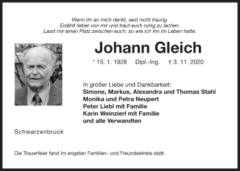 Traueranzeige von Johann Gleich von Der Bote