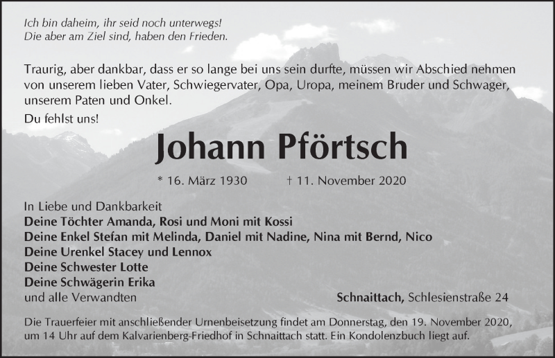  Traueranzeige für Johann Pförtsch vom 17.11.2020 aus Pegnitz-Zeitung