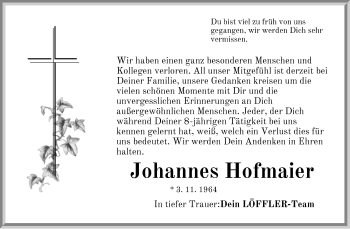 Traueranzeige von Johannes Hofmaier von Hersbrucker Zeitung