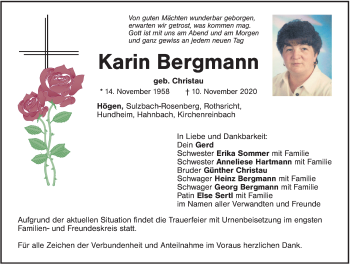 Traueranzeige von Karin Bergmann von Hersbrucker Zeitung
