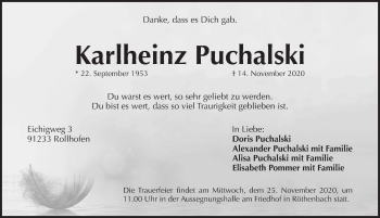 Traueranzeige von Karlheinz Puchalski von Pegnitz-Zeitung