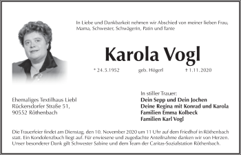 Traueranzeige von Karola Vogl von Pegnitz-Zeitung