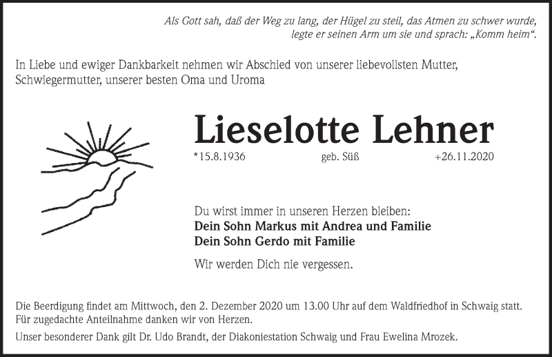  Traueranzeige für Lieselotte Lehner vom 28.11.2020 aus Pegnitz-Zeitung