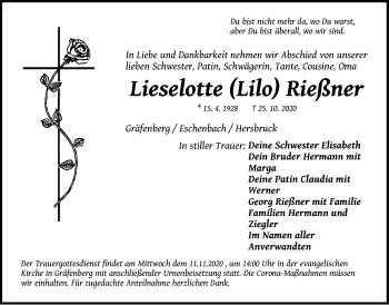 Traueranzeige von Lieselotte Rießner von Hersbrucker Zeitung