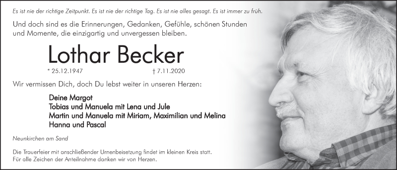  Traueranzeige für Lothar Becker vom 14.11.2020 aus Pegnitz-Zeitung