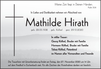 Traueranzeige von Mathilde Hirath von Hersbrucker Zeitung