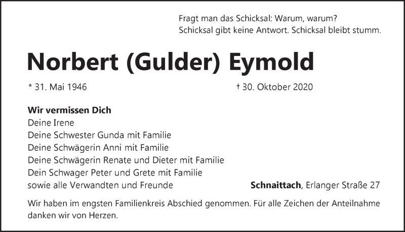  Traueranzeige für Norbert Eymold vom 07.11.2020 aus Pegnitz-Zeitung